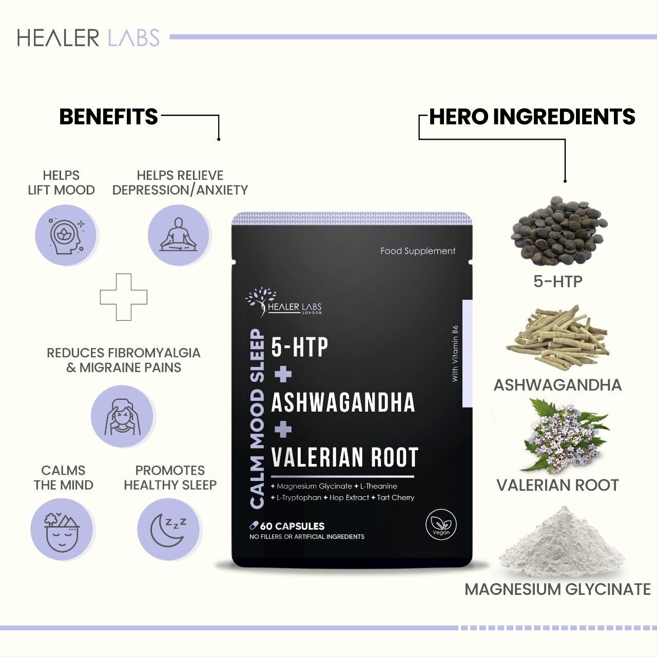  Healer Labs - Natural Sleep+Mood With 5-HTP, Ashwagandha, Valerian - The Beauty Corp.
