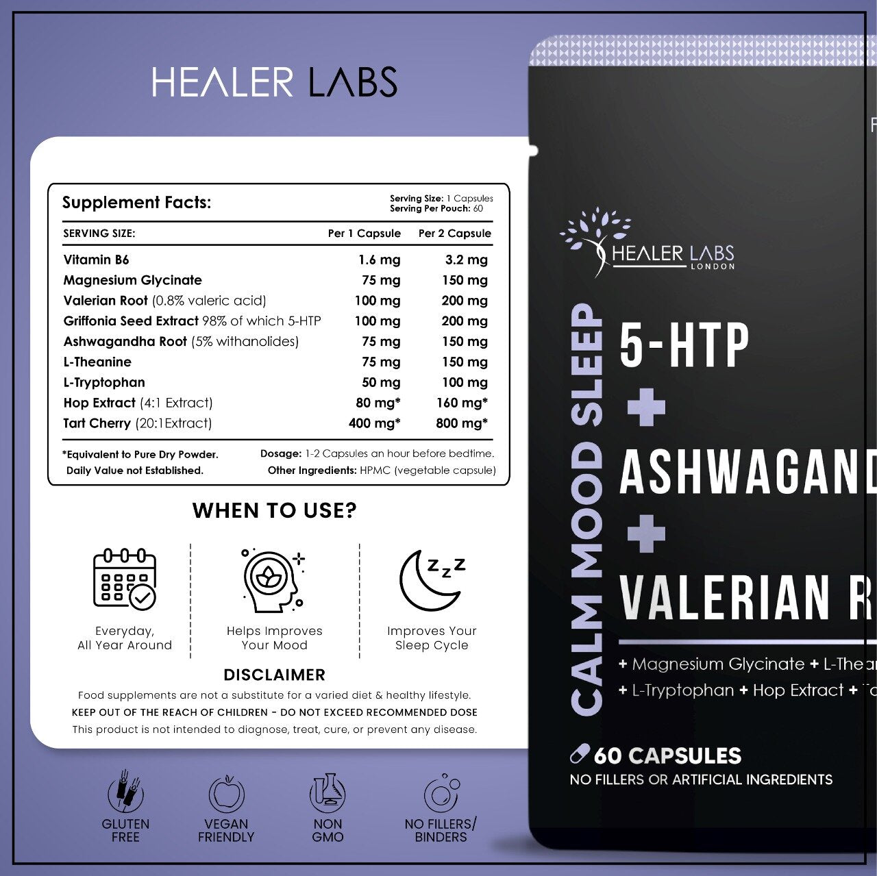  Healer Labs - Natural Sleep+Mood With 5-HTP, Ashwagandha, Valerian - The Beauty Corp.