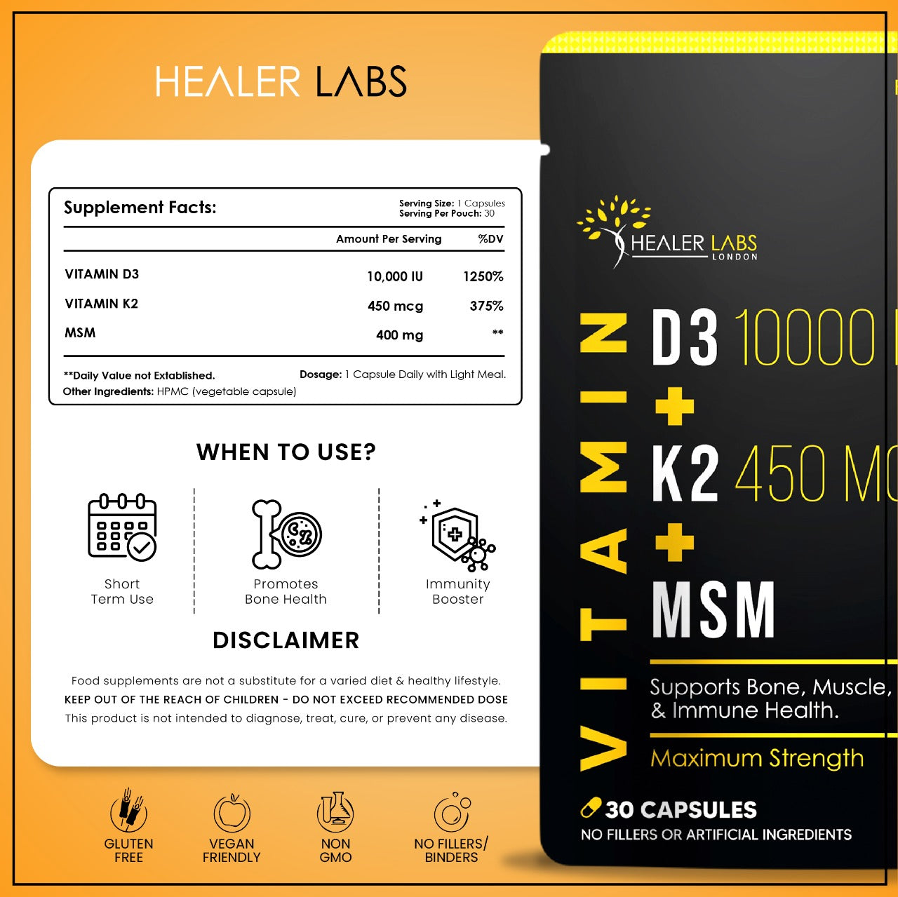  Healer Labs - Vitamin D3 + K2 & MSM - 10,000 IU Vitamin D3, 450mcg Vitamin K2 - The Beauty Corp.